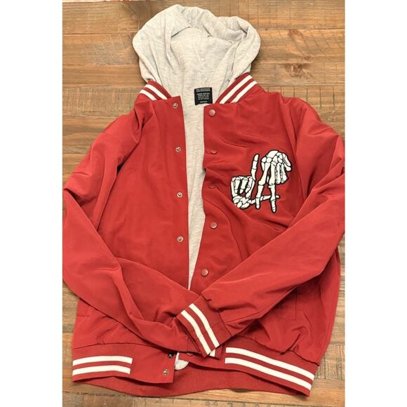 Original Deluxe Supply Hoodie Jacket Mens Medium Red Black Skeleton Hands LA - Picture 1 of 8